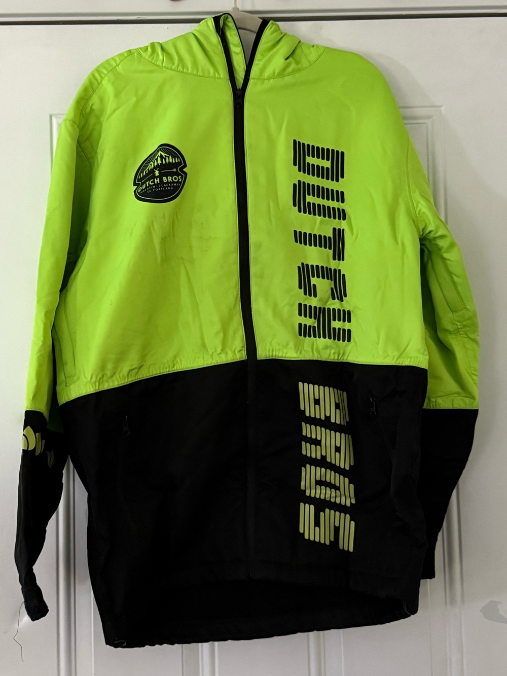 Dutch Bros Neon Yellow and Black Hooded Windbreaker Jacket